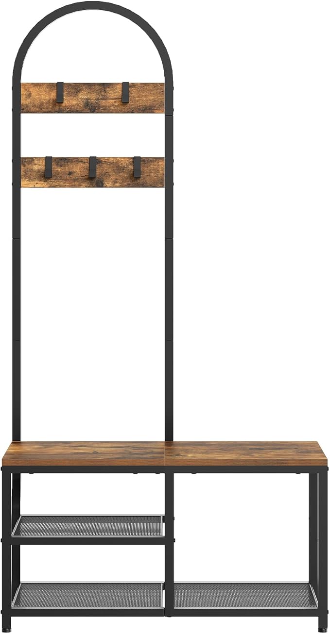 Hall Tree, Coat Rack with Shoe Storage, Entryway Bench with Coat Rack and Shoe Shelf, All-in-One Entryway Storage Organizer, for Foyer, Hallway, Cloakroom, Rustic Brown and Black MT04BRY1