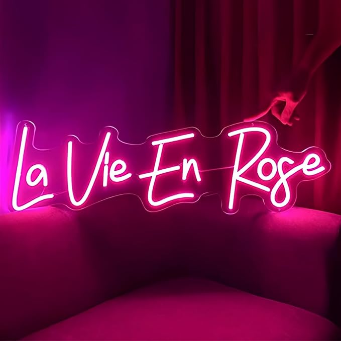 La Vie En Rose LED Neon Signs for Wall Decor Neon Wall Art Acrylic LED Lights with Hanging Chain Light Up for Bedroom Decor Graduation Bar Pub Wedding Party 5V USB Powered Dimmable