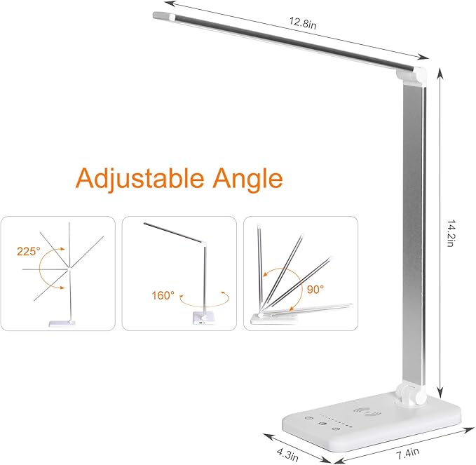 LED Desk Lamp with Wireless Charger,Eye-Caring Table Lamps,Stepless Dimmable Office Lamp with USB Charging Port,Touch/Memory/Timer Function,25 Brightness Lighting,Foldable Lamp