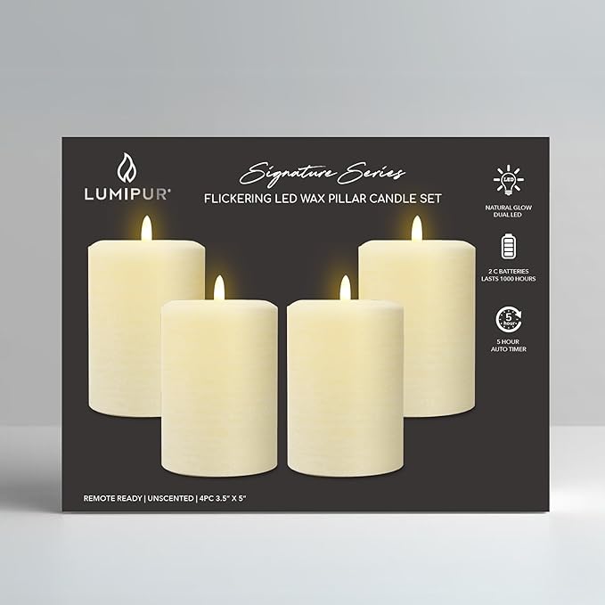 LumiPur Signature Collection Natural Glow Flickering Flameless 4 Pack LED Wax Pillar Candle (4 Pack 3.5" x 5", Linen White)