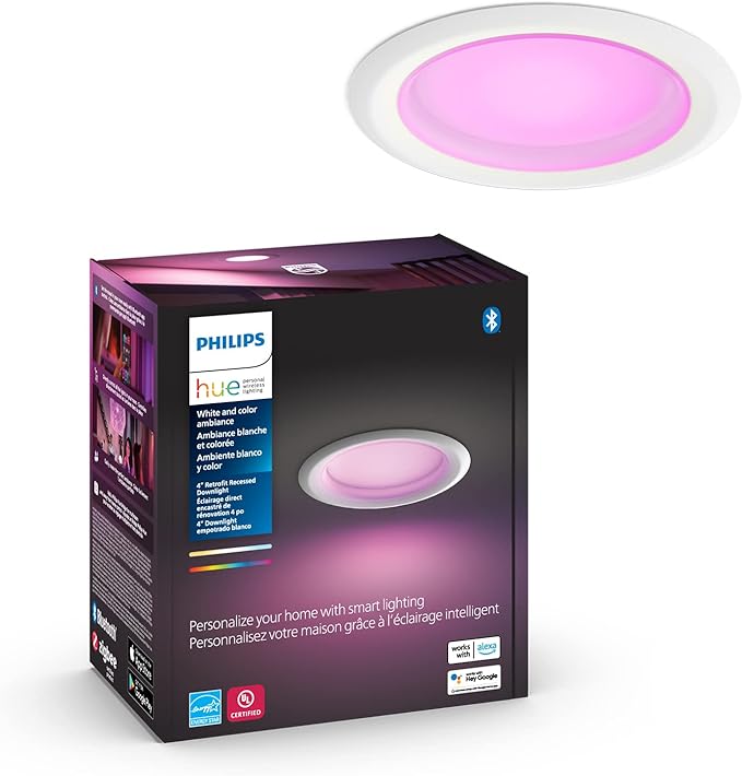 Philips Hue Smart Retrofit Recessed Lighting 4 inch - White and Color Ambiance Color-Changing Light - 850 Lumen - Control with Hue App - Works with Alexa, Google Assistant and Apple Homekit - 1 Pack