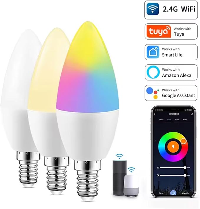 Candelabra Smart Light Bulbs 60W Equivalent, 450LM 5W LED Bulb Compatible with Alexa/Google Home, RGBCW 16 Million Color Changing Light Candle Bulb, No Hub Required, 2.4G (E12) (2)