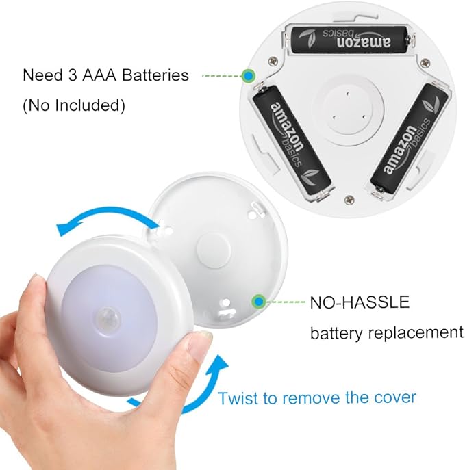 AMIR Upgraded 3.15” Motion Sensor Light Indoor, Cordless Battery Powered Stick on LED Night Lights for Closet, Stair, Under Cabinet, Hallway, Kitchen (White - Pack of 3)