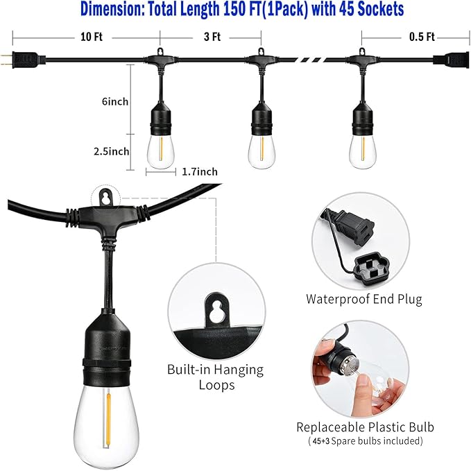 150 FT Outdoor String Lights for Outside Black with 48pcs Replaceable S14 Edison Lights 2200K, Weatherproof for Patio Pergola Gazebo Backyard, 1-Pack, Hooks and Zip Ties Included, Connectable