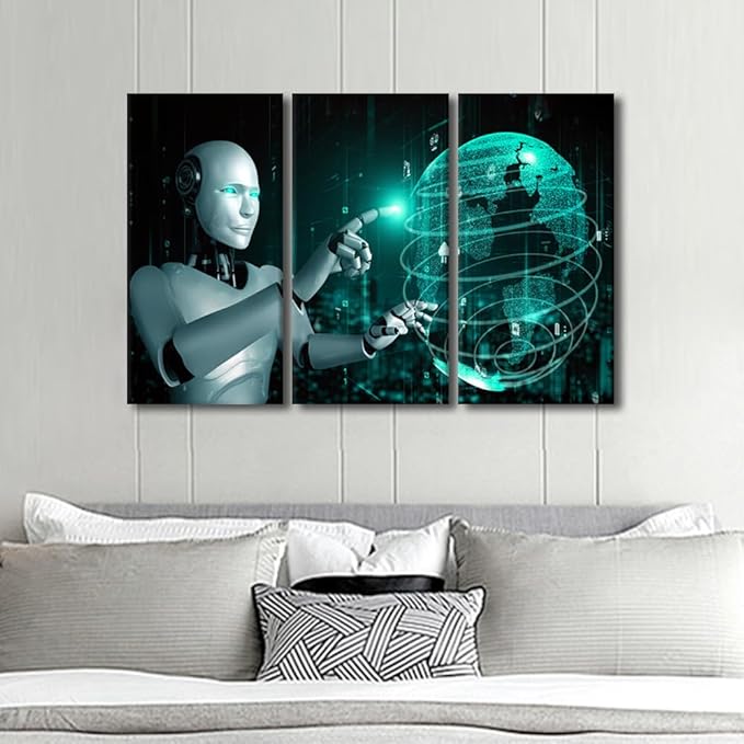 Wall Decorations for Living Room - AI Intelligence Wall Art Canvas Print Robot Paintings AI Art Prints 3 Pieces Framed Wall Art Home Office Decor Modern Artwork Ready to Hang, 42" Wx28 H