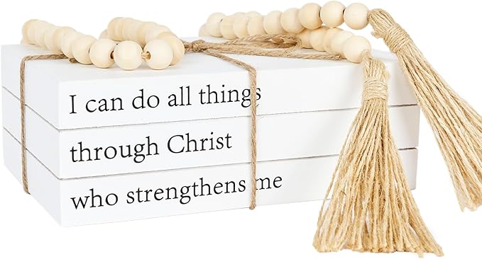 Decorative Books for Home Decor, White Faux Books for Decoration, Rustic Farmhouse Stacked Books with 52in Wood Bead Garland for Coffee Table Mantle Fireplace (I can do All Things Through Christ)