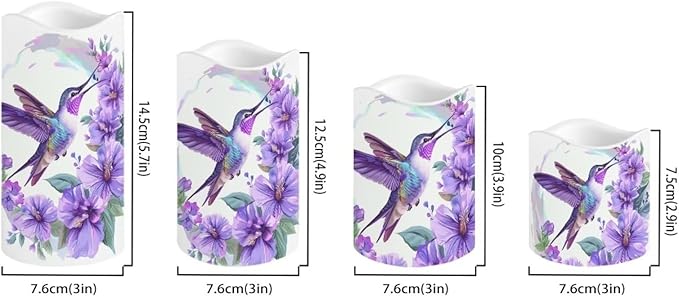 Purple Hummingbird Pillar Candles Bulk Led Flameless Battery Operated Candles with Timer Remote Color Changing Electric Fake Candles for House Warming Home Decorations Set of 4