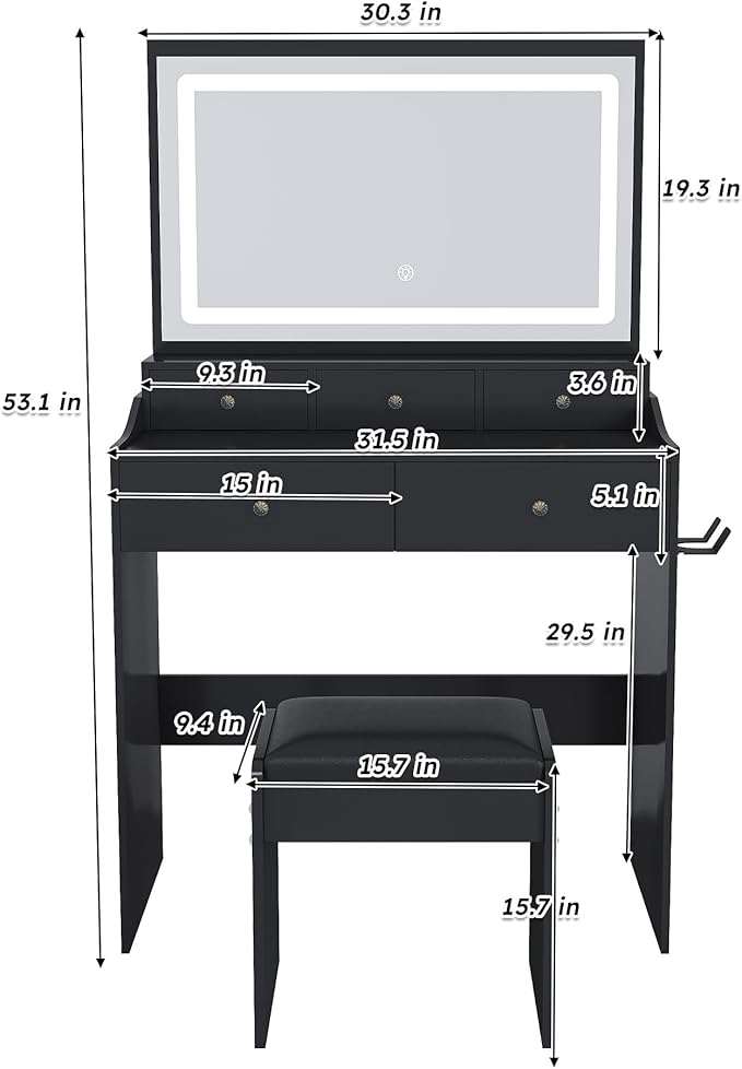 Vanity Desk with Large Mirror and Stool, Makeup Table with LED Lighted - 3 Color Models, Makeup Desk with 5 Drawers & Power Outlet, Dressing Makeup Table for Women Girls Bedroom, Black