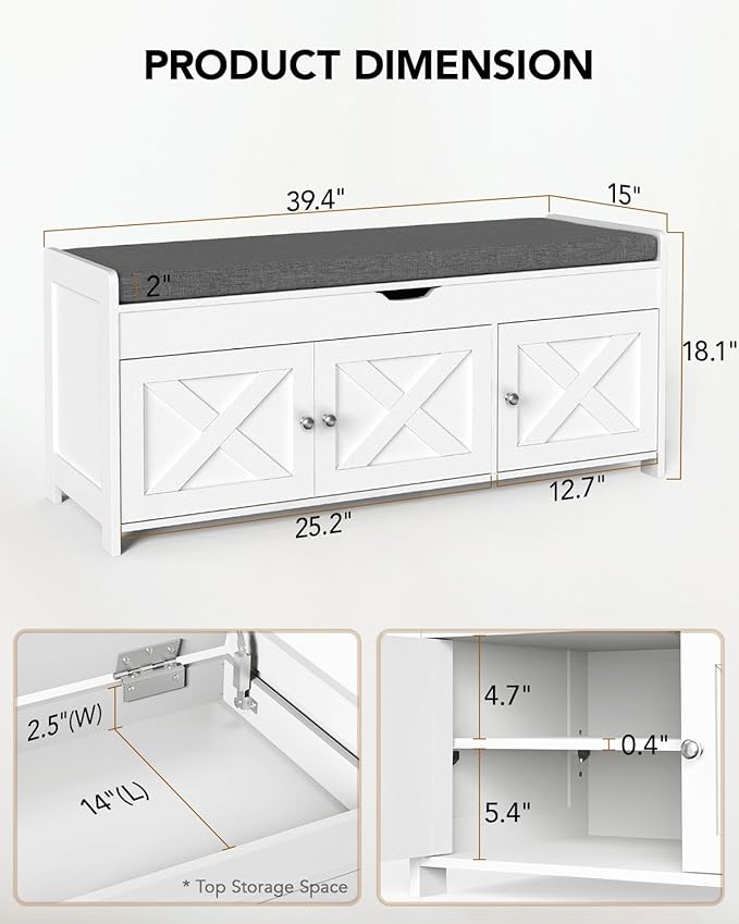 Amada Farmhouse Shoe Storage Bench with Cushion, 3 Doors & Lift-Top Storage, Adjustable Shelves, 300 lbs Capacity Entryway Bench for Bedroom, Living Room, Classic White