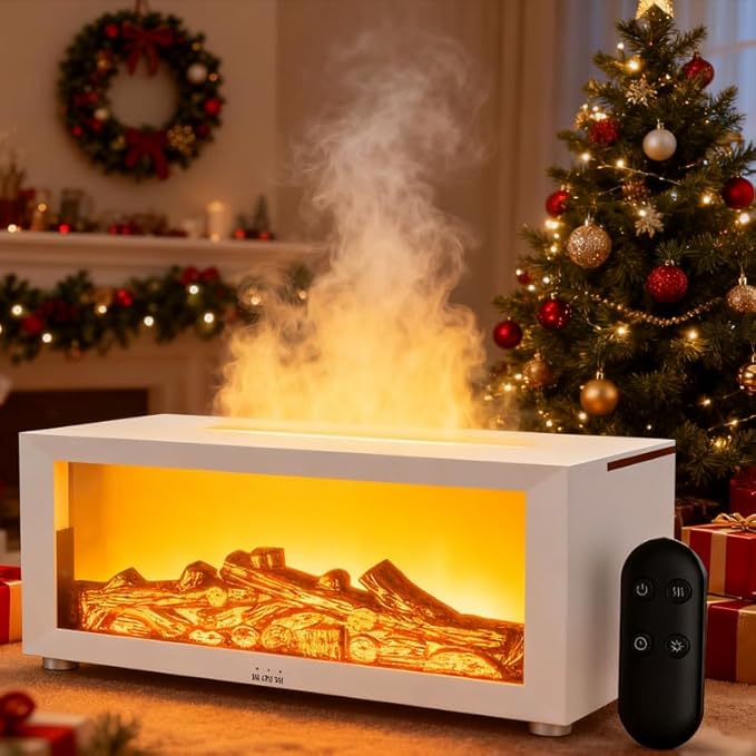 Saker Fireplace Flame Oil Aroma Diffuser 2025 Upgraded|7 Color Changing Lights Aromatherapy Air Diffuser|Essential Oil CoolMist Humidifier with Timer&Remote|Home,Office,Bedroom,Yoga,Room Deco (White)
