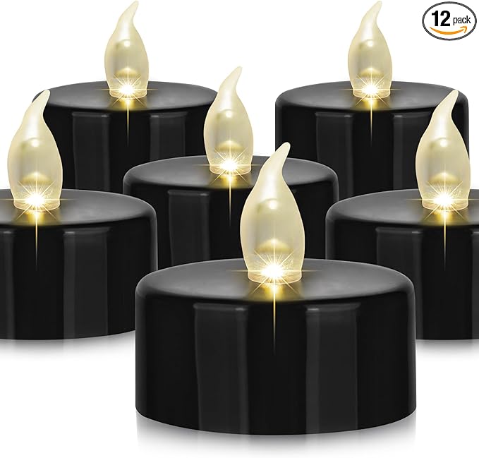 Hanzim Battery Operated LED Tea Lights: 12PACK Flameless Votive Candles Lamp Realistic and Bright Flickering Holiday Gift Long Lasting 200Hours for Seasonal & Festival Celebration Black