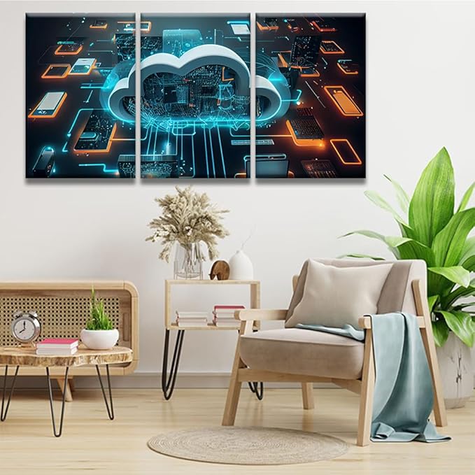 Cloud Technology,Cloud Computing Pictures for Bedroom Wall Decor 3 Panel Wall Art Print on Canvas Posters and Prints Wall Hanging Decor Modern Home Decor Canvas Frame Artwork Ready to Hang 16x24inchx3