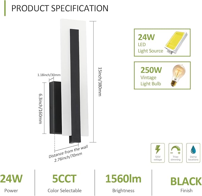 Tipace Hardwired Black Dimmable Modern LED Wall Sconce 2 Packs 3000K 3500K 4000K 5000K 6000K Indoor Wall Lights Up and Down Wall Mount Light for Living Room Bedroom Hallway Corridor(5CCT)