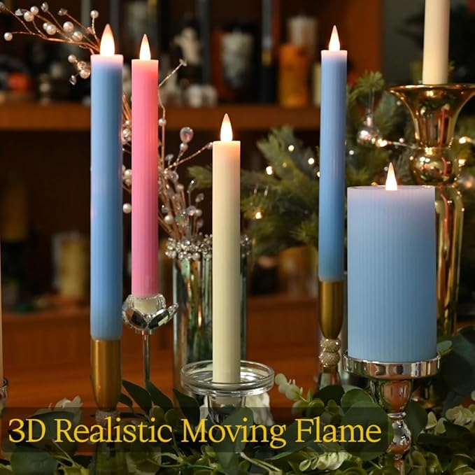 Flameless Taper Candles Flickering with Remote and Timer, 3D Moving Flame Taper Candle Battery Operated to 400 Hours, 9 Inch Window Candles, (Ivory-Vertical Stripes)