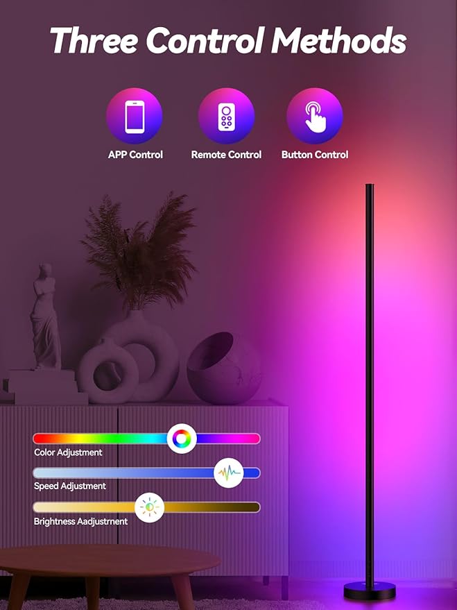 RGBICW LED Corner Floor Lamp with App & Remote Control - 16 Million Colors, 68+ Scene Modes, Music Sync, Smart Lighting for Living Room, Bedroom, and Gaming Room