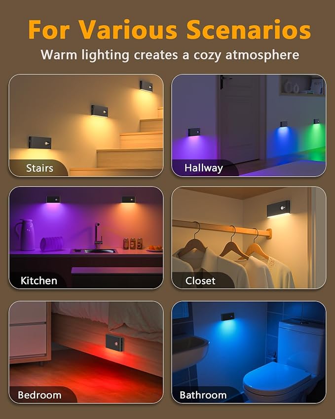 WILLED Stair Lights Indoor Rechargeable,RGB & Warm White Color Changing Night Light,Wireless Motion Sensor Lights Indoor for Stair,Bathroom,Hallway,Kitchen,Closet,Cabinet,Bedroom,Kids' Room