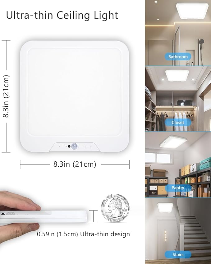 Rechargeable Motion Sensor Ceiling Light with Remote, Dimmable Magnetic Mount Closet Light, 7000mAh Battery Operated LED Shower Light, 3 Color Temperatures for Bathroom, Stairs, Hallway, Garage,Pantry