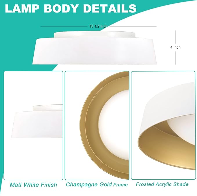 15.5 Inch LED Flush Mount Ceiling Light Fixture, 26W, Super Bright 1800 Lumen, 3 Color 3000K/4000K/5000K, Matt White with Gold Inside, Dimmable Ceiling Lamp for Bedroom Hallway Bathroom Outdoor
