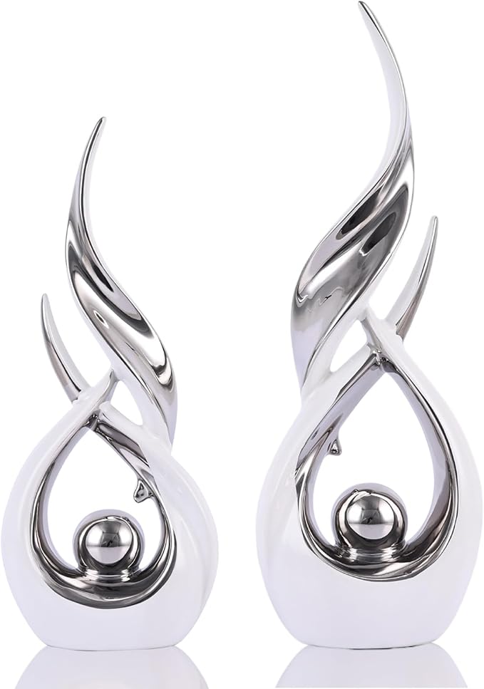 DOVDOV 2-Piece Abstract White and Silver Home Decor, Ceramic Abstract Sculptures, Modern Art Pieces, Suitable for Room Coffee Tables, Office Bookshelves, Dining Table Centers, entryway Decor.