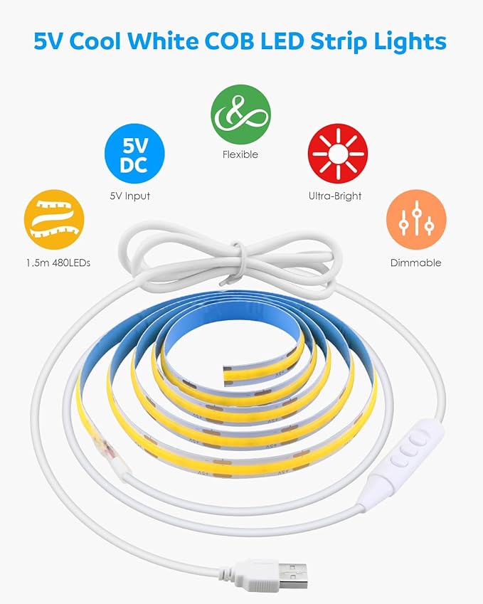 Aclorol 5V COB LED Strip Light White 6000K Dimmable LED TV Backlights 4.92FT/1.5M 480LEDs Flexible and Cuttable Tape Lights with 1.5M USB Cable for Kitchen Cupboard Mirror Staircase Counter Shelves