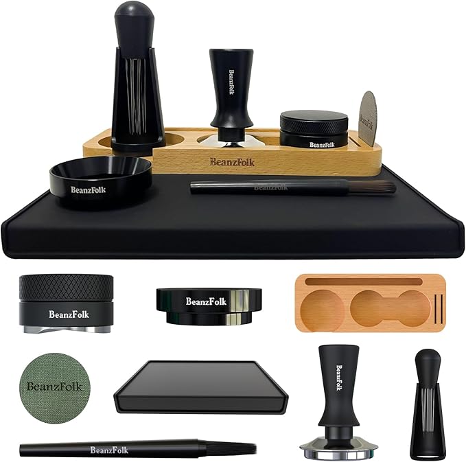 54 mm Espresso Accessories Kit – 8-Piece Set (Fits 54 mm Portafilters) – Tamper, Distributor, WDT Tool, Dosing Ring, Puck Screen & Mat