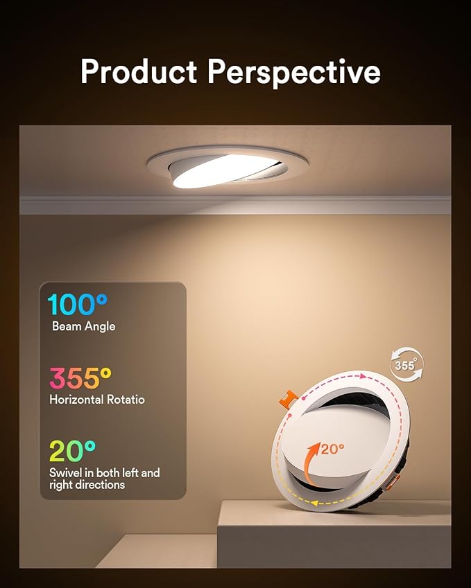 Lumary Smart Gimbal Recessed Lighting 6 Inch, 355°+20° Adjustable RGBWW WiFi Ceiling Light, Compatible with Alexa Google, Canless LED Downlight with J-Box, 13W 1000LM CRI90, 1PC