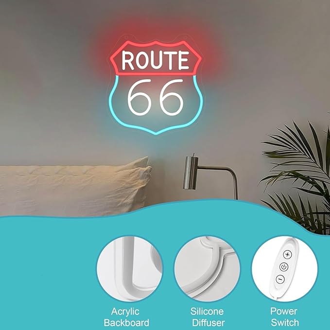 ROUTE 66 LED Neon Sign for Wall Decor USB Adjustable Brightness Living Room Bars Barbers Pub Wedding Party Salon Club Gatherings Gaming Room Man Cave Halloween Christmas Birthday Art Wall Decor