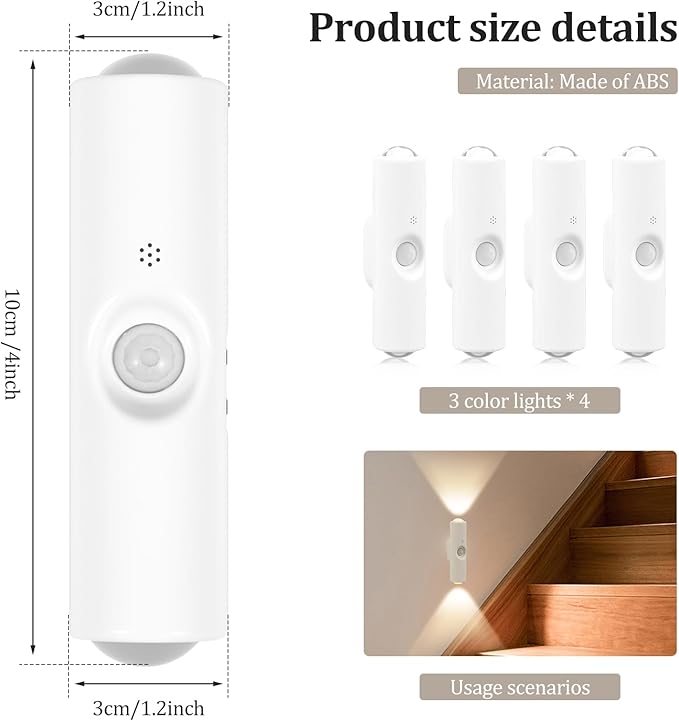 4 Pcs Smart Motion Sensor Wall Lamp, Rechargeable RGB LED Smart Motion Light, Magnetic Mount Step Lights for Bedroom, Hallway, Courtyard, Holiday Decor, Bathroom - Multi Color Changing (3 Colors)