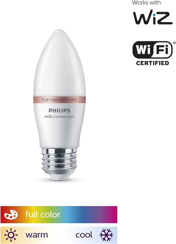 Philips Smart 40W B12 Candle-Shape 4-Pack, E12 Base, Full Color, Dimmable, Indoor, Connect to Wi-Fi, Control Voice or App - Powered by WiZ Connected