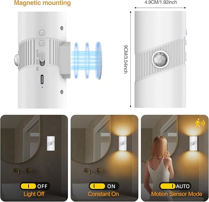 Tomshine Rechargeable Wireless Wall Light (2 Pack) - Motion Sensor Night Light Battery Operated, Adhesive Wall Sconce with 3 Modes, 3 Color Temps & 4 Brightness, USB-C for Hallway, Stairs Indoor