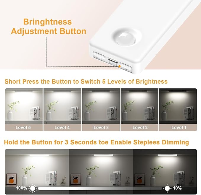 13inch Under Cabinet Lighting, 2500mAh Motion Sensor Light Indoor, USB Rechargeable Battery Operated Closet Light, Dimmable LED Cabinet Lights, Under Counter Light for Kitchen (2-Pack)