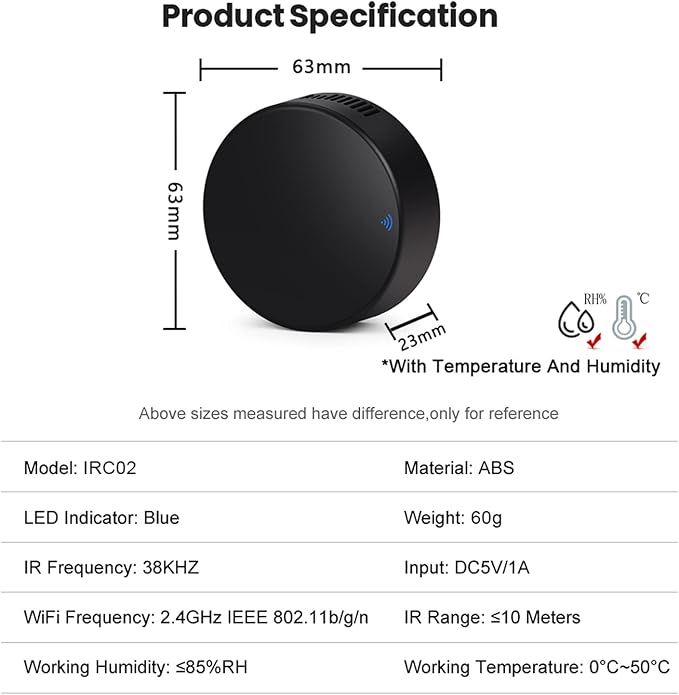 Smart IR Remote Control: Universal WiFi Infrared Remote Control with Temperature Humidity Sensor, App&Voice Control, 3in1 WiFi Thermometer Hygrometer, Compatible with Alexa, Google Assistant