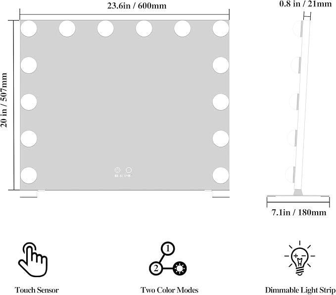 BEAUTME Hollywood Makeup Mirror, Large 20 x 23.6 inches, Light Up Vanity Mirror with 14pcs LED Bulbs, Dimmable, Smart Touch Control, Desktop or Wall Mounted