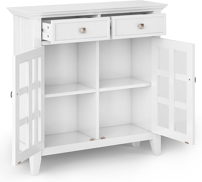 SIMPLIHOME Acadian Solid Wood 48 inch Wide Storage Bench that Seats 2 and 36 inch Wide Storage Cabinet in White for the Living Room, Entryway, and Family Room, Transitional Style