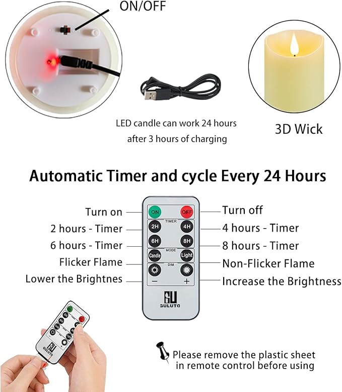 Flickering Flameless Candles with Rechargeable Battery, Electronic Candles with Remote and Timer, led Pillar Candles Real Wax Wick, led Candles for Home, Wedding, Halloween, Christmas 3" x 4"