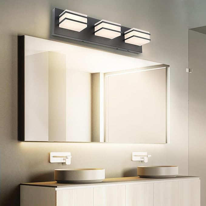 3 Color Temperature Dimmable Bathroom Light Fixtures Over Mirror, LED Black 3 Light Vanity Lighting Fixtures, Acrylic Stainless Steel Square Shade Vanity Lights for Bathroom, ETL Certificated
