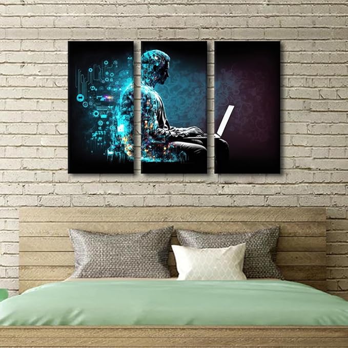 TUMOVO 3 Panels Future Technology Pictures Print on Canvas Wall Decoration for Bedroom Living Room Computer Code Wall Art Artificial Intelligence Artwork Ready to Hang, 36" Wx24 H