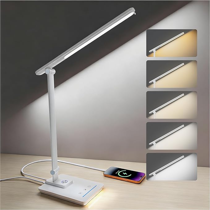 ELECTRI LED Desk Lamp, Touch Desk Light with USB Port, 5 Color & Stepless Dimming, 360° Rotatable ＆ Foldable, Reading Lamp for Table Study Work Office Nail Craft Puzzle(with Adapter) (White)