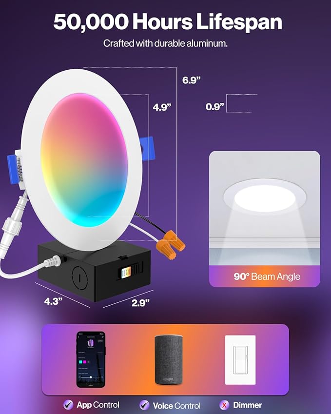 Sunco 24 Pack 6 Inch Smart Ultra Thin LED Recessed Ceiling Lights Slim, RGB+5000K Daylight, Dimmable, 15W, Canless Wafer with Junction Box - ETL