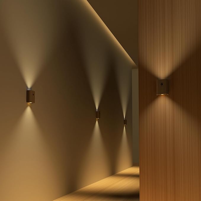 LANDGOO 1-Pack Wood Step Light with Motion Sensor, Rechargeable Stair Night Light, Beech Wood 2700K Warm White LED Wall Lamp, Easy No-Wire Installation for Hallway Bedroom