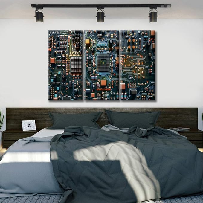 3 Panels Framed Wall Art Microcontroller Technology Canvas Wall Art Circuit Board Pictures Modern Wall Art for Bedroom Living Room Art Prints Stretched and Framed Ready to Hang 60"Wx40"H