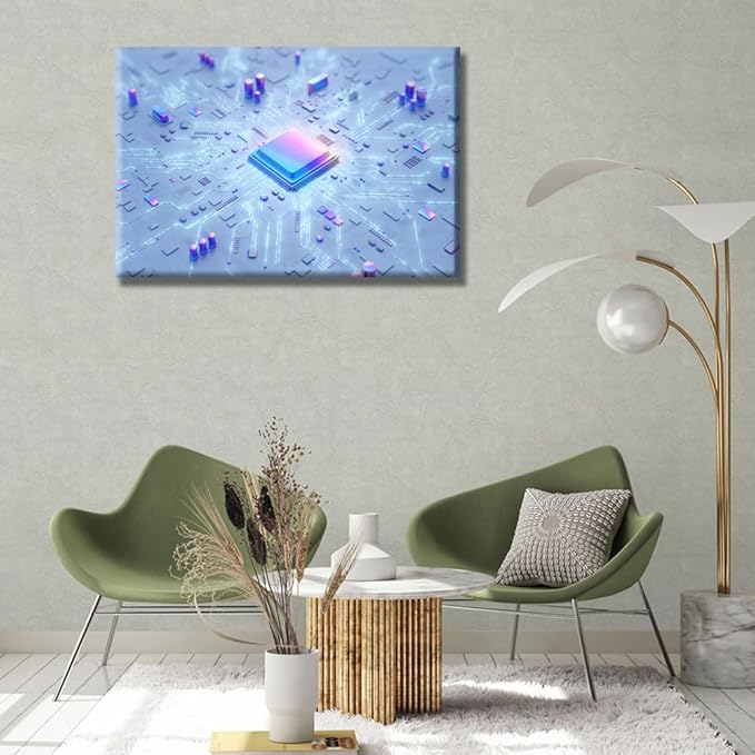 Circuit Board Wall Art for Living Room Electronic Board Canvas Wall Art Central Computer Processors CPU House Decor Computer Chip Office Wall Decor Framed CPU Concept for Home Bedroom 16X24 INCH