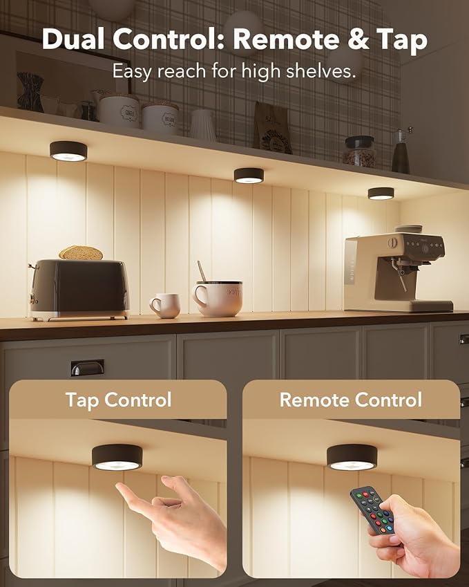 Rechargeable Puck Lights with Remote Control, 2400mAh Battery Operated RGB Under Cabinet Press Button Lighting Wireless LED Push Lights Stick on Magnetic Tap Lamp for Closet Kitchen Counter Display