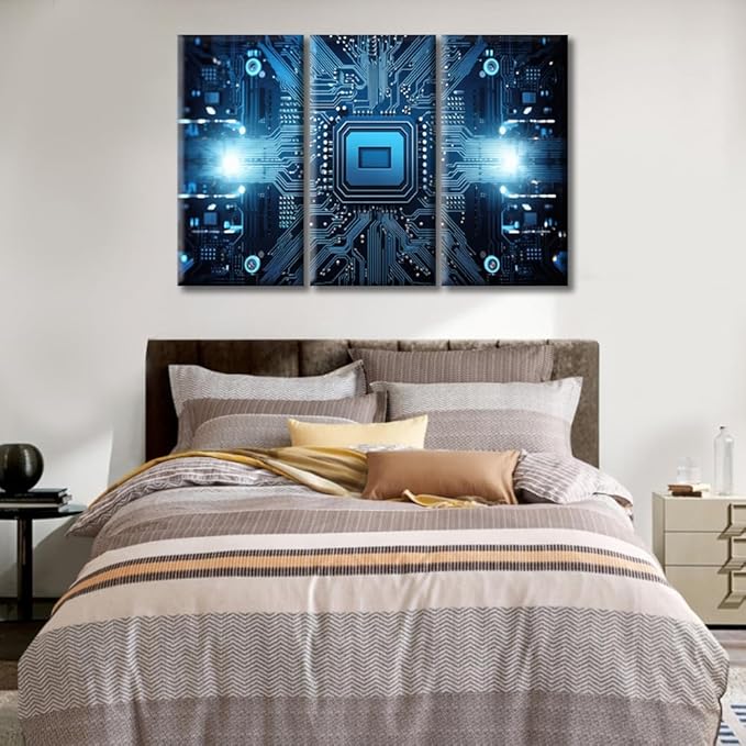 Chip Canvas Wall Art for Living Room Family Wall Decor, Kitchen, Bathroom, Bedroom Modern Wall Decor 3D Technology Motherboard Pictures Artwork Home Decor 3 Pieces Framed Ready to Hang (42"Wx28"H)
