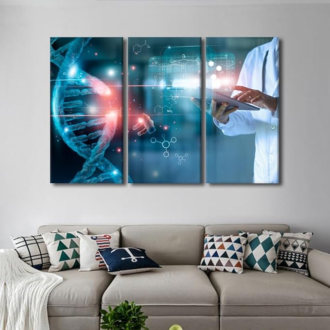 Rebotipy Canvas Wall Art for Living Room Modern 3 Panel Medicine Poster Decor Luminous DNA Molecule Picture Printing for Medical Science Bedroom Decor Stretched and Framed Ready to Hang 40" Wx60 H