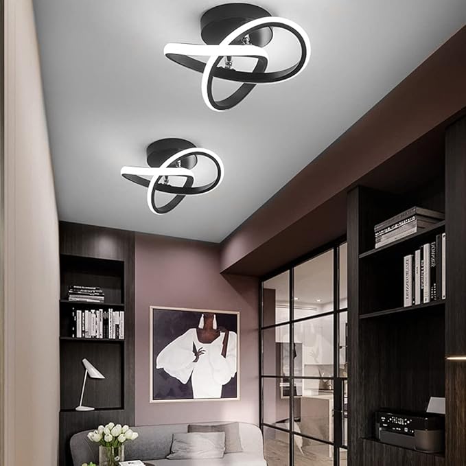 Modern LED Ceiling Light, 2 Rings Creative Black Hallway Ceiling Lighting 6000K Flush Mount Ceiling Lights for Kitchen Bathroom Cool White Light 22W (Black)