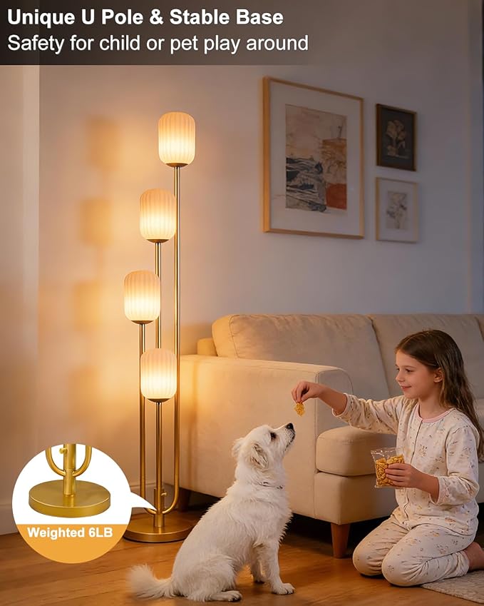Lightdot Gold Floor Lamp 4-Lights Dimmable Floor Lamps with Cylinder-Shaped Lampshade 3000K Bulbs Included Unique Modern Standing Tall Lamp for Living Room/Bedroom/Sofa Beside/Corner Decor