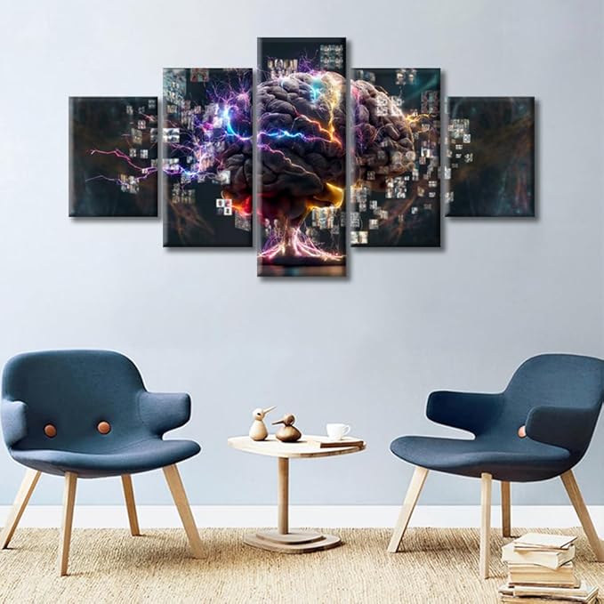 Concept of a Human Brain Full with Creativity Canvas Wall Art for Bedroom Smart Brain Wall Art for Living Room Human Brain Wall Art Home Decor Giclee Framed Ready to Hang (60"Wx32"H)
