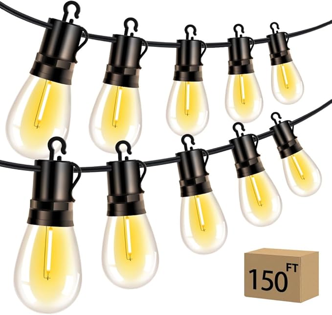 Outdoor Patio String Lights 150ft: S14 LED Shatterproof Bulbs 3 Modes Button Control - Waterproof Connectable Hanging Lights - Garden Backyard Yard Gazebo Porch Party Decorative