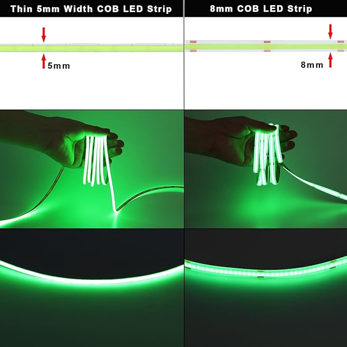 TOPAI 24V Thin 5mm Green COB LED Strip 16.4ft Narrow LED Tape Light Dotless 400LEDs/M High Density Cuttable Flexible for Cabinet Home DIY Lighting Projects